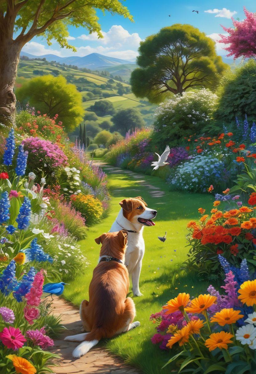 A serene scene depicting a person joyfully interacting with a variety of animal companions, including a playful dog, a curious cat, and colorful birds, surrounded by a lush garden filled with blooming flowers and soft sunlight. The expressions of both the person and animals radiate happiness and connection. The background features gentle rolling hills and a bright blue sky, embodying a sense of tranquility and joy. vibrant colors. super-realistic.