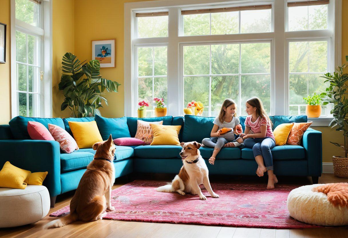 A cozy living room scene featuring a happy family playing with their playful dog and a curious cat, surrounded by colorful pet toys and sunny windows. The atmosphere is filled with laughter and warmth, showcasing the bond between humans and their pets. The background includes a beautiful garden visible through the windows, adding a touch of nature. bright and cheerful color palette. super-realistic. warm lighting.