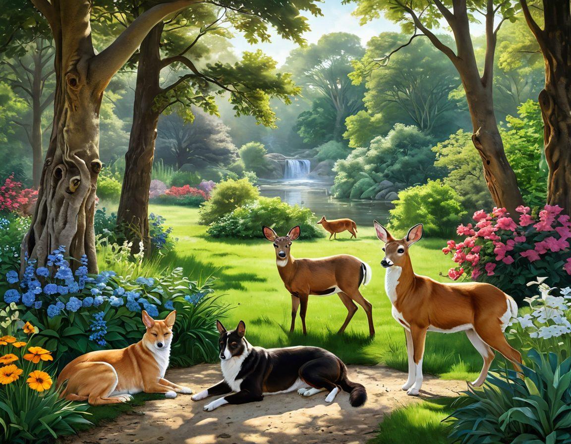 A serene landscape showcasing a peaceful interaction between diverse wildlife and domestic animals, highlighting their connection in a harmonious setting. Nestled within lush greenery, depict animals like deer, rabbits, and birds coexisting with dogs and cats, all radiating joy and bliss. Include vibrant flowers and soft sunlight filtering through the trees to enhance the uplifting atmosphere. super-realistic. vibrant colors. tranquil background.